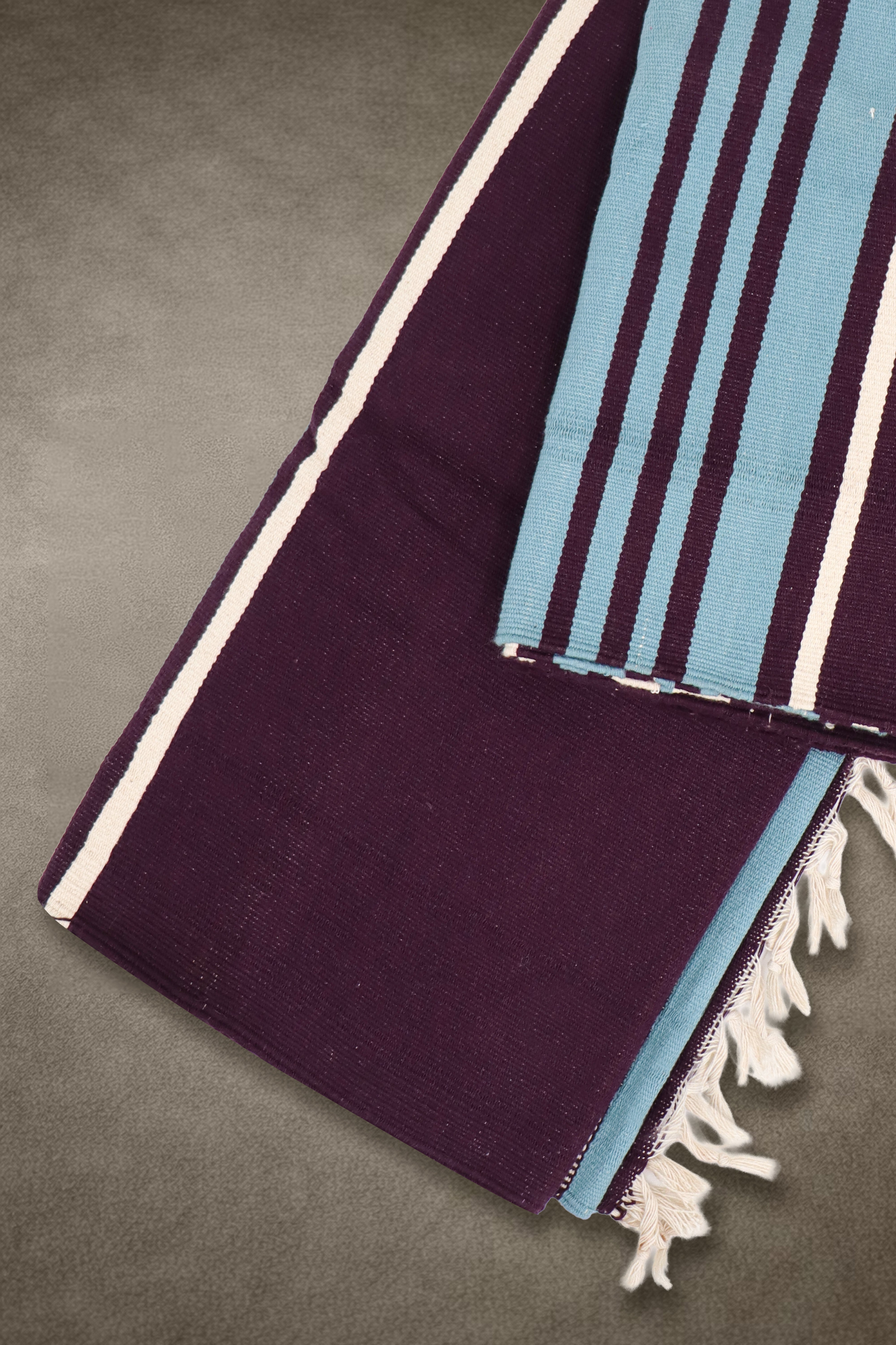 Bhavani Jamakkalam / Handwoven Cotton Carpet Dark Purple Base with White & Blue Stripes (3.25 ft × 6.5 ft)