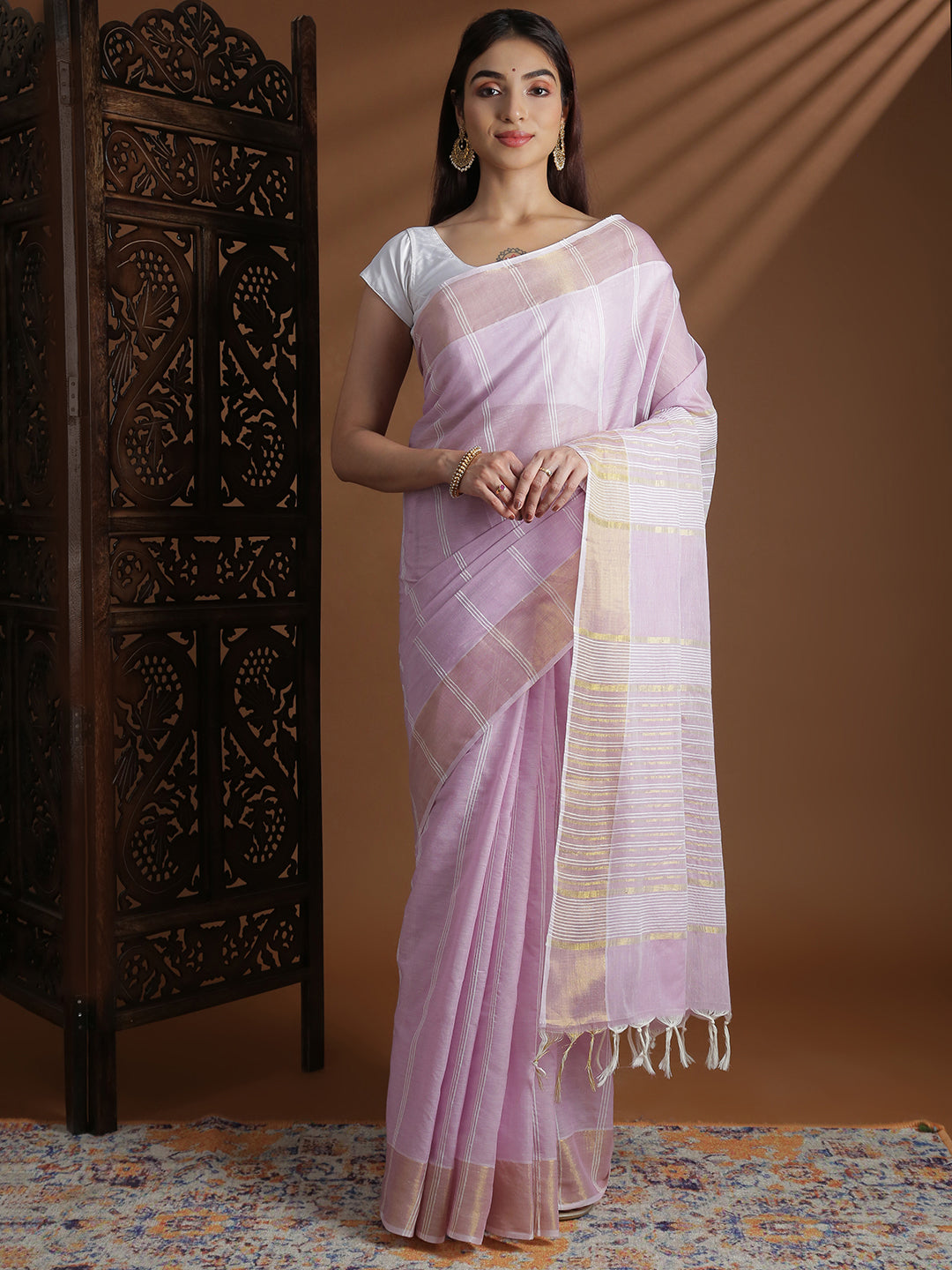 Women Lavender Striped Cotton Jute Saree CJ11