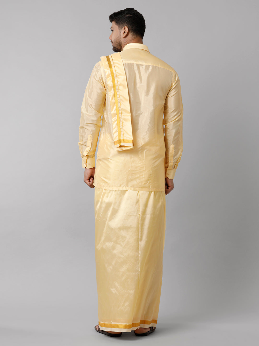 Mens Art Silk Pink Shirt Dhoti Towel Set Swayamvara-Back view