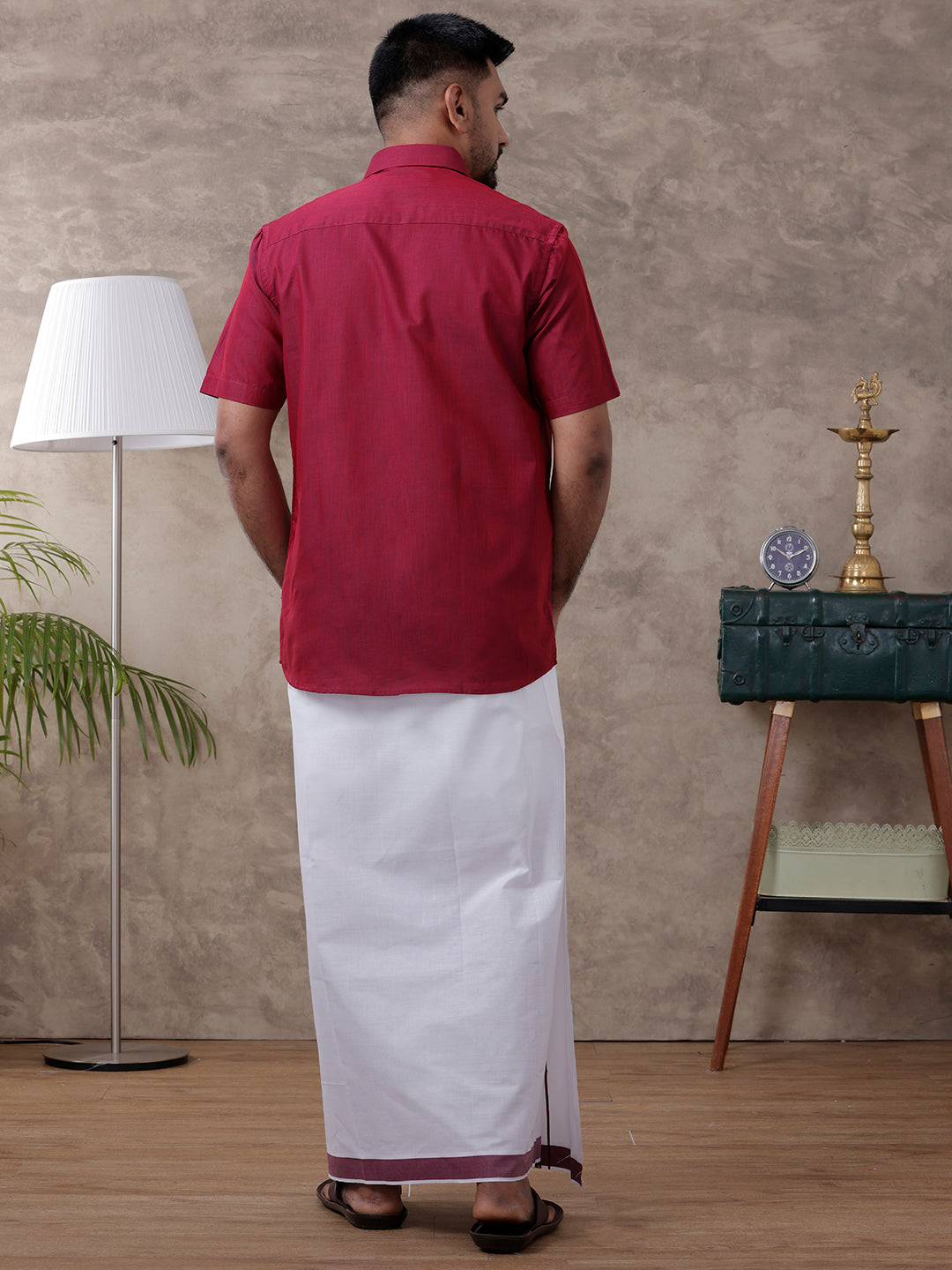 Men Maroon Matching Border Dhoti & Half Sleeves Shirt Set Evolution IC6