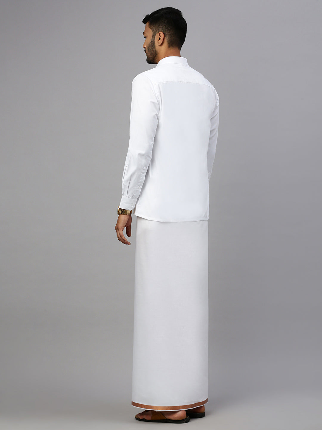 Men Cotton Blend Double Layer White Dhoti with 3/4" Copper Jari Border Mobility