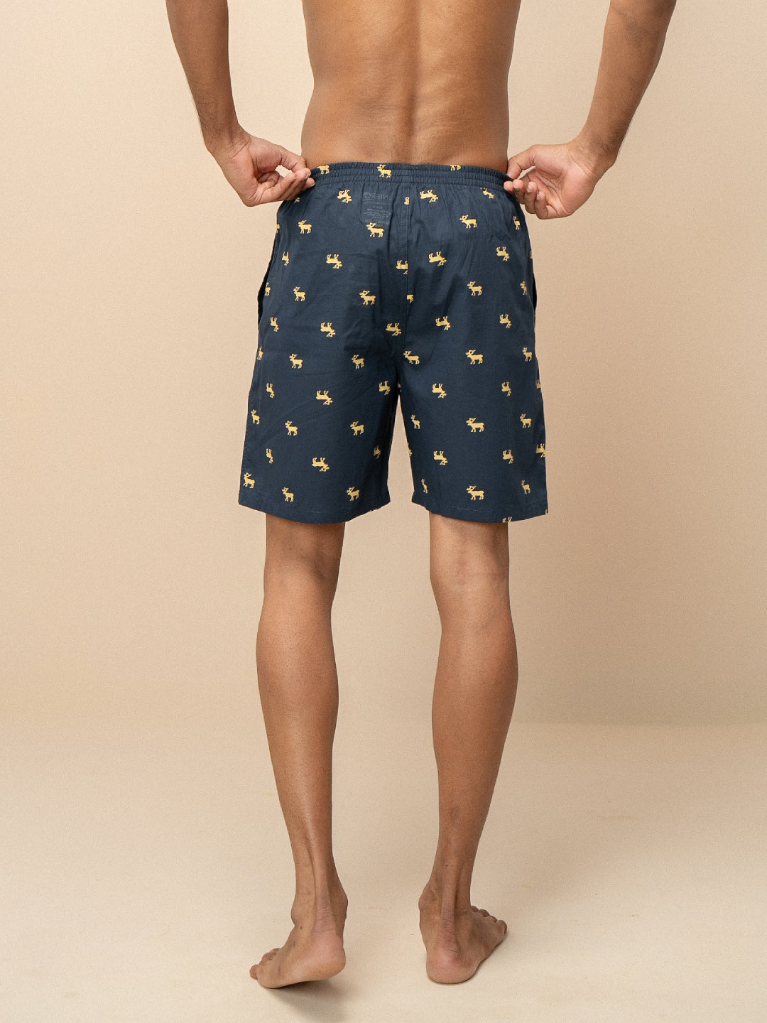 Men 100% Combed Cotton Navy Blue Woven Printed Boxer Long Shorts WB52