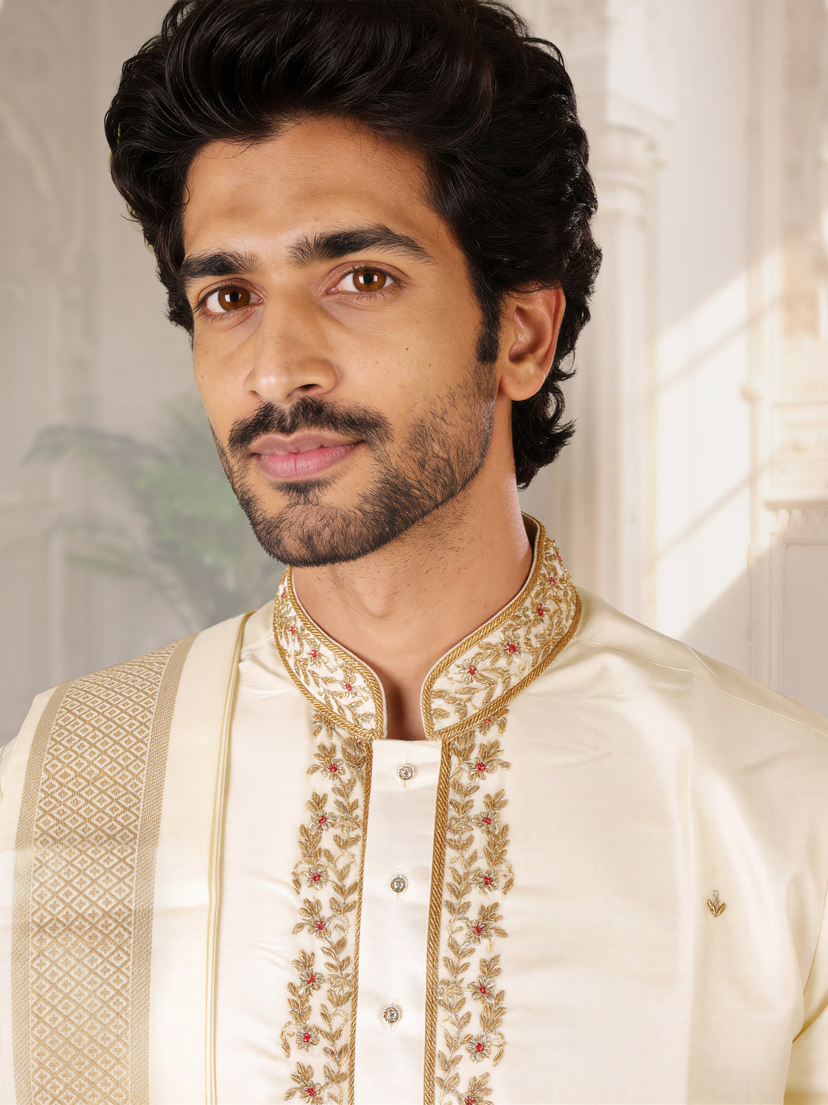 LAGNAA Premium Pure Tussar Silk Hand Embroidered Floral Motifs, Jari Dozi Cut-Dana Kurta, Panchakacham & Angavastram set | Pushpa Tilakam