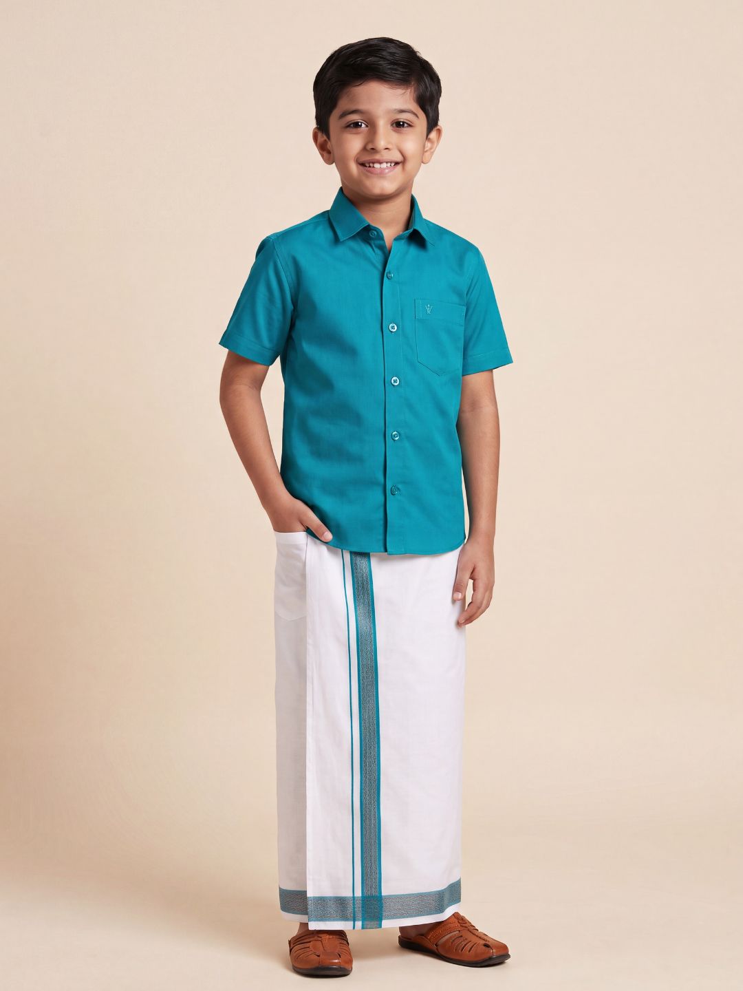 Boys 100% Cotton Jungle Green Shirt and Fancy Border Dhoti Set BT11