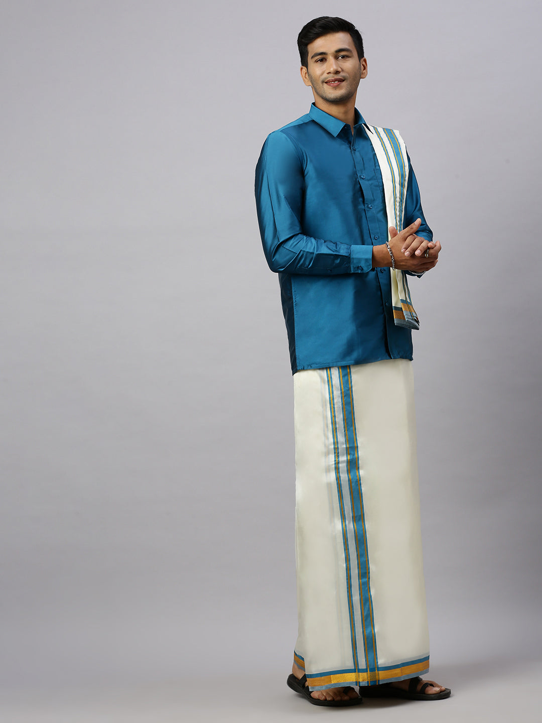Men Full Sleeves Ramar Blue Shirt with Matching Border Cream Dhoti & Towel Set K1