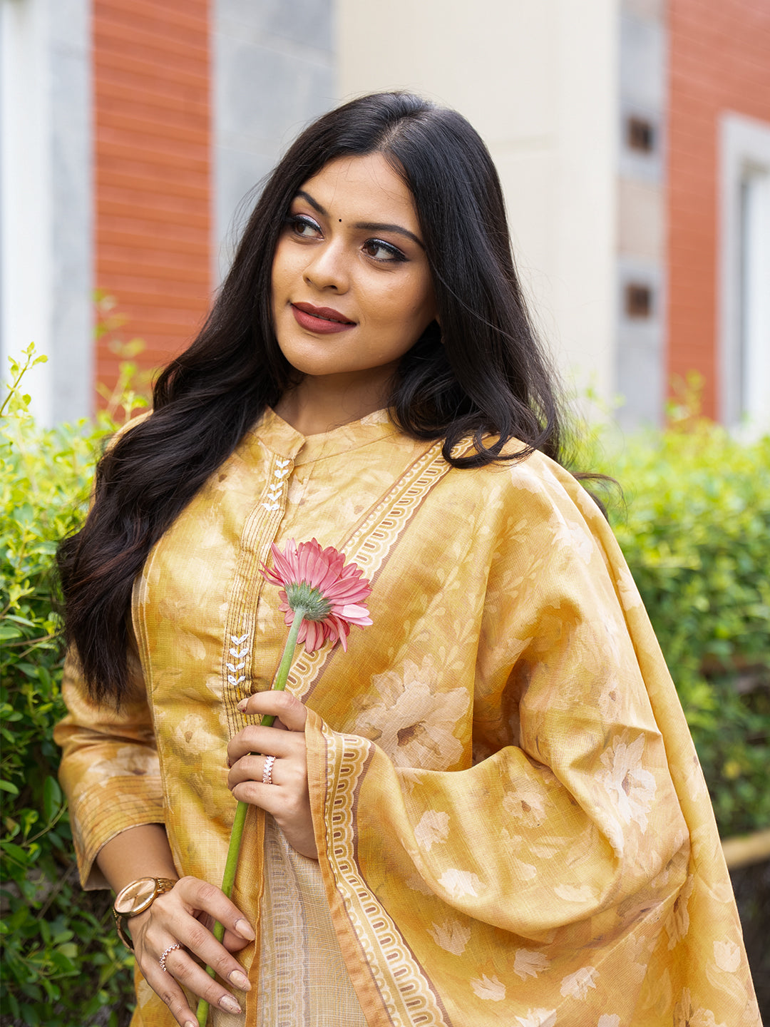 Women Tissue Printed Mustard Kurti Set EKS107