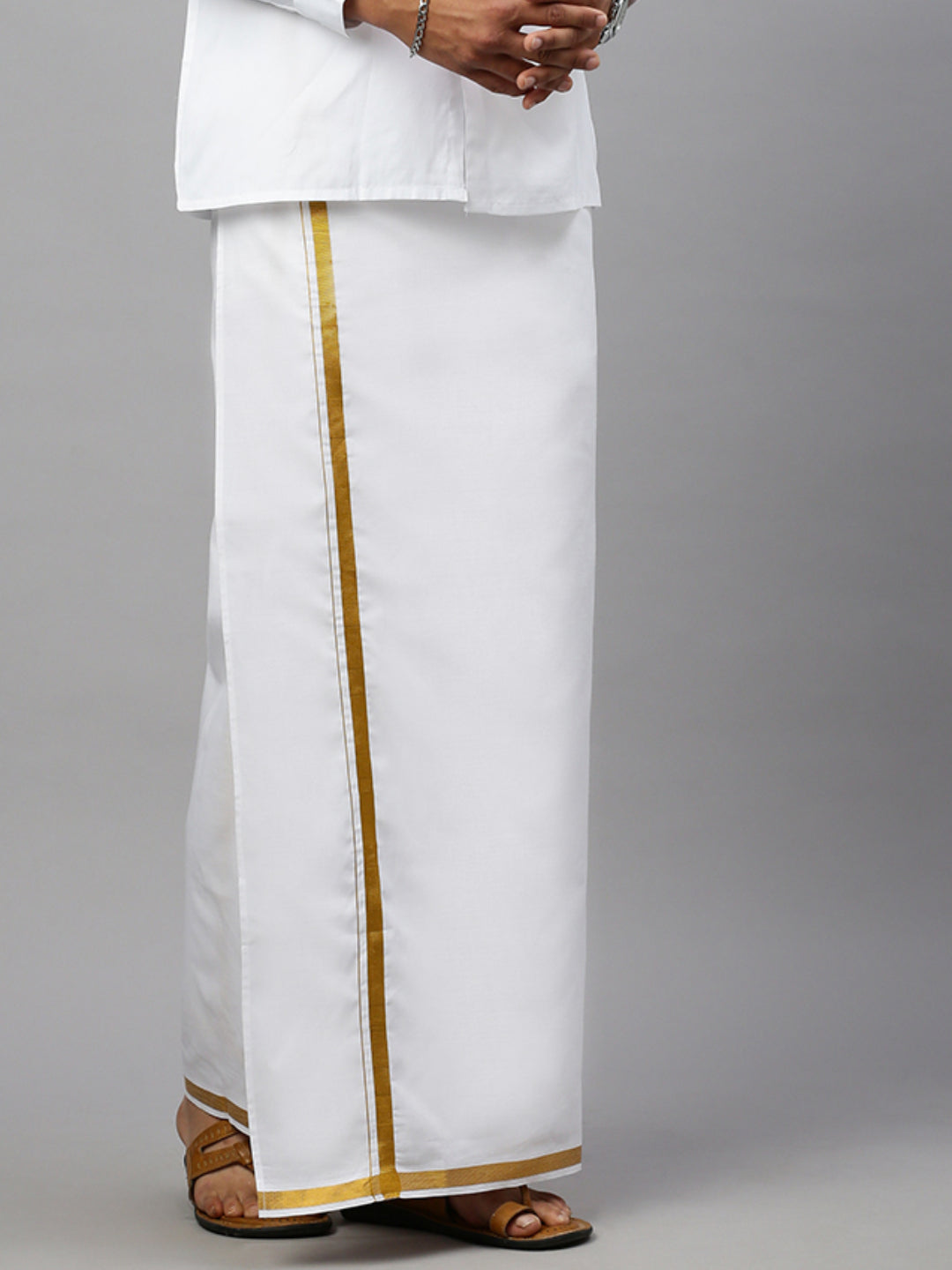 Men Cotton Blend Single Layer White Dhoti with 3/4" Jari Border Gold River