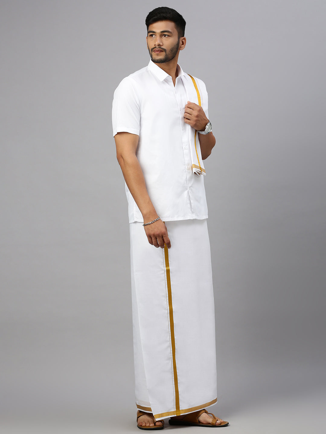 Men 100% Cotton Double Layer White Dhoti &Towel Set with 1/2" Inch Gold Jari Border Kalasadan