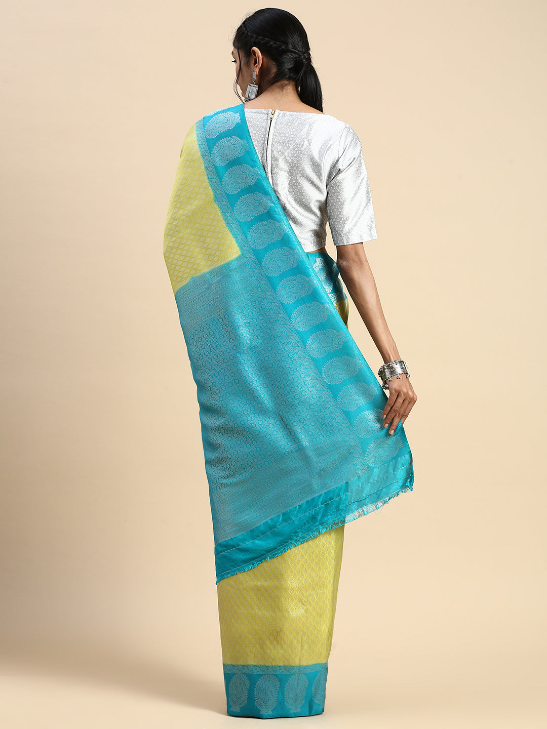 Womens Semi Silk Checked All Over Design Light Green & Blue Silver Jari Saree AS05-Back view