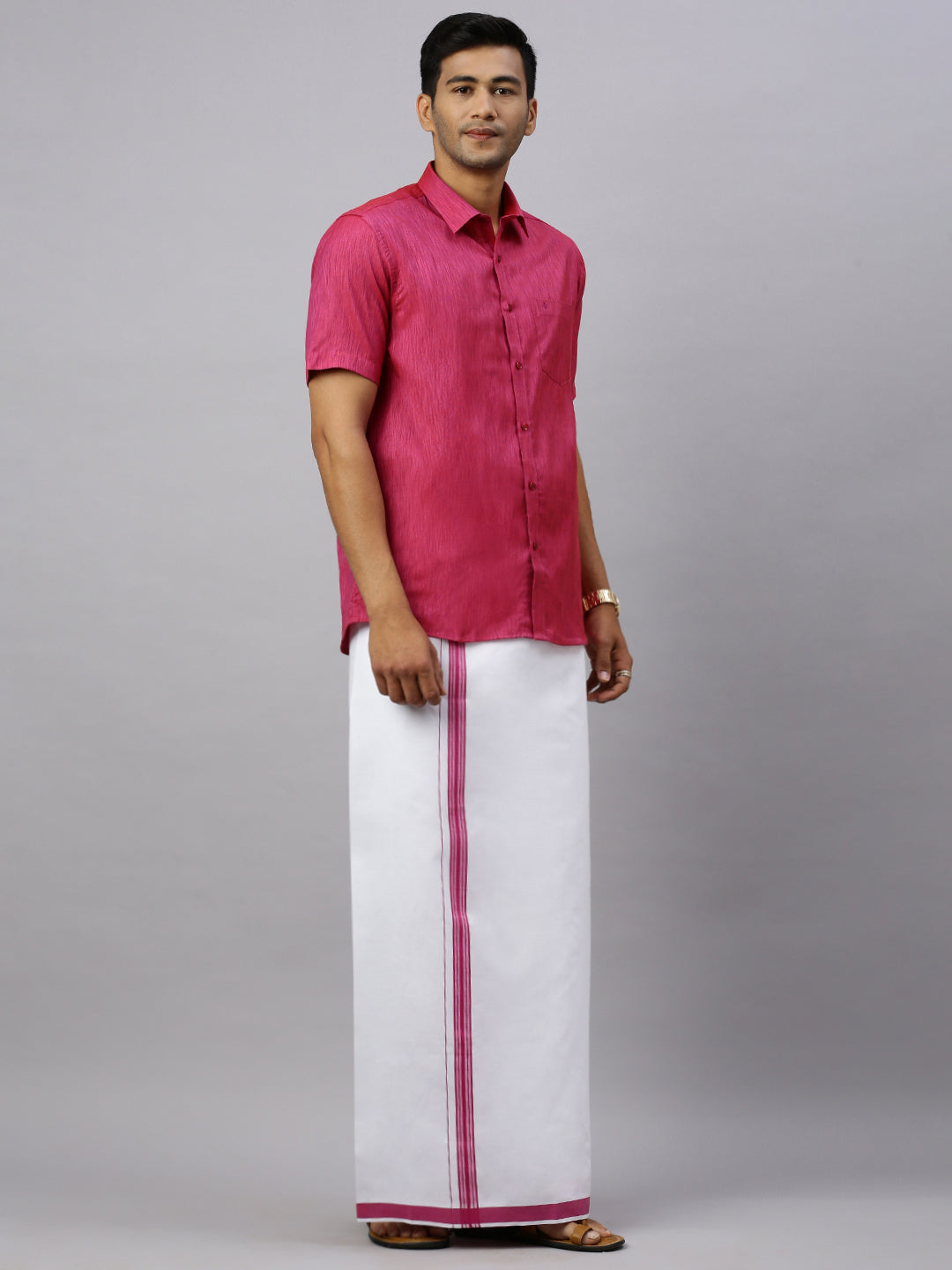 Men Magenta Matching Border Dhoti & Half Sleeves Shirt Set CV2