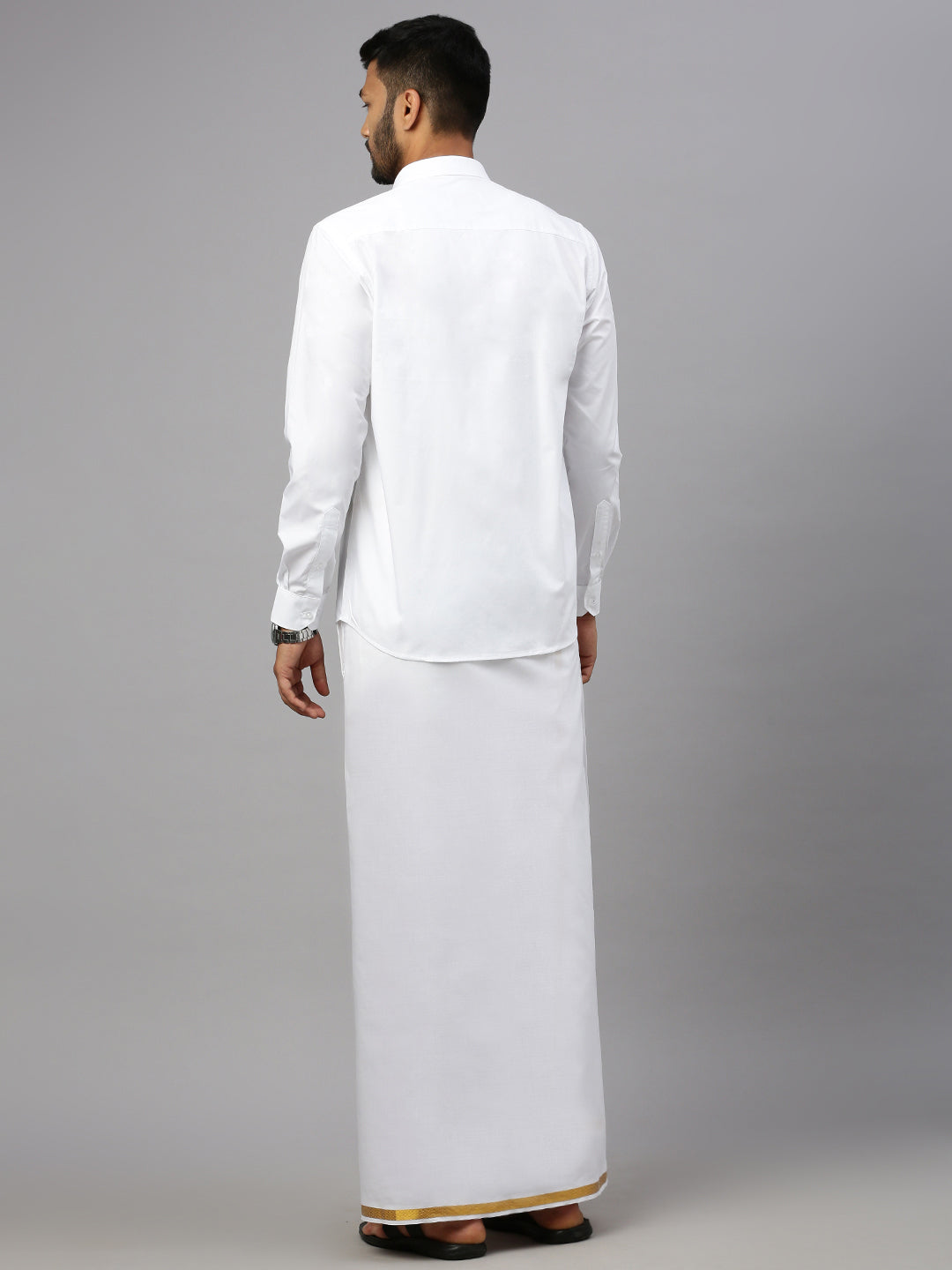 Men Cotton Blend Readymade Single Layer White Dhoti with Gold Jari Border