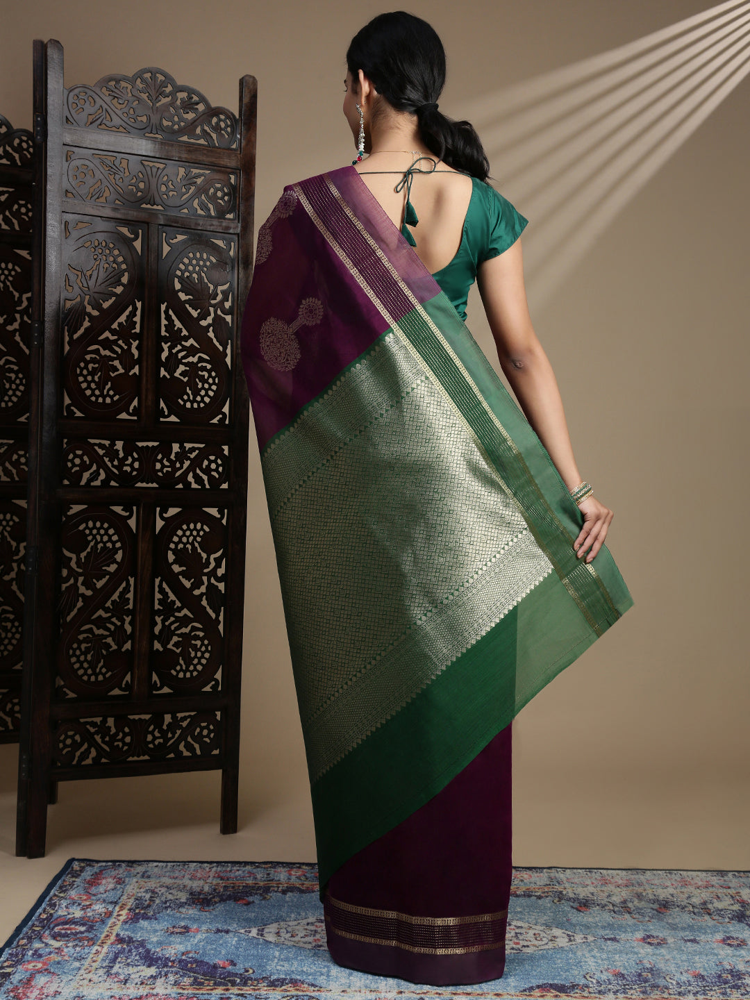 Women Kora Cotton Dark Purple Saree SK129