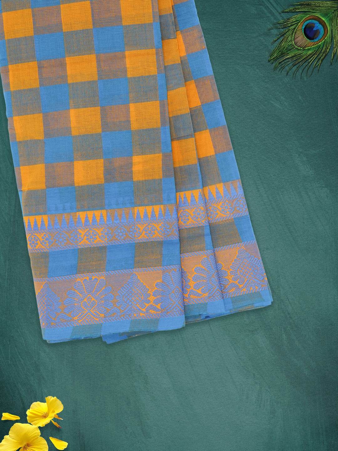 Women Blue with Orange Checks Pure Chettinad Cotton Saree PCS217
