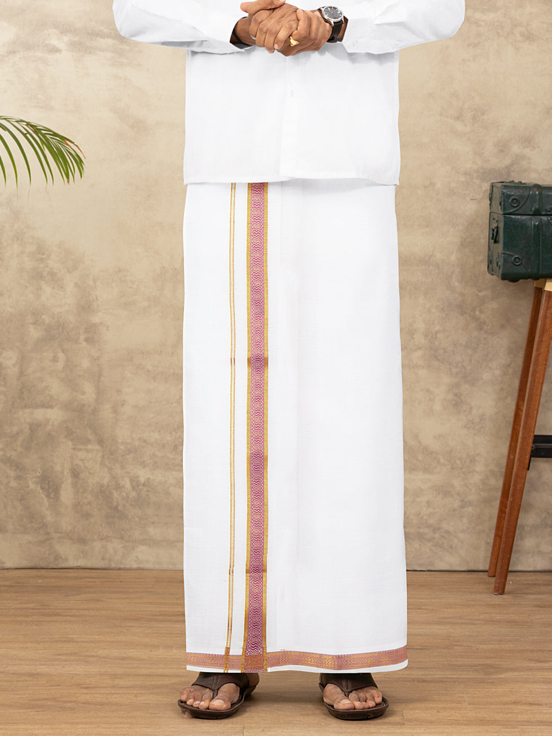 Men Cotton Blend Readymade Double Layer White Dhoti with Fancy Jari Border GGEA03