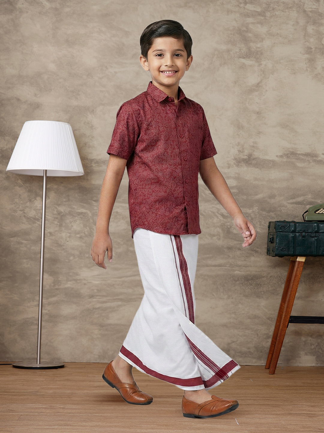 Boys Deep Red Matching Border Dhoti With Printed Shirt Set Fusion PS22