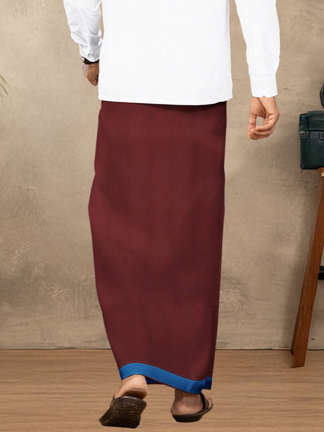 Men 100% Cotton Single Layer Dark Maroon Dhoti with Assorted Border Ahimsa