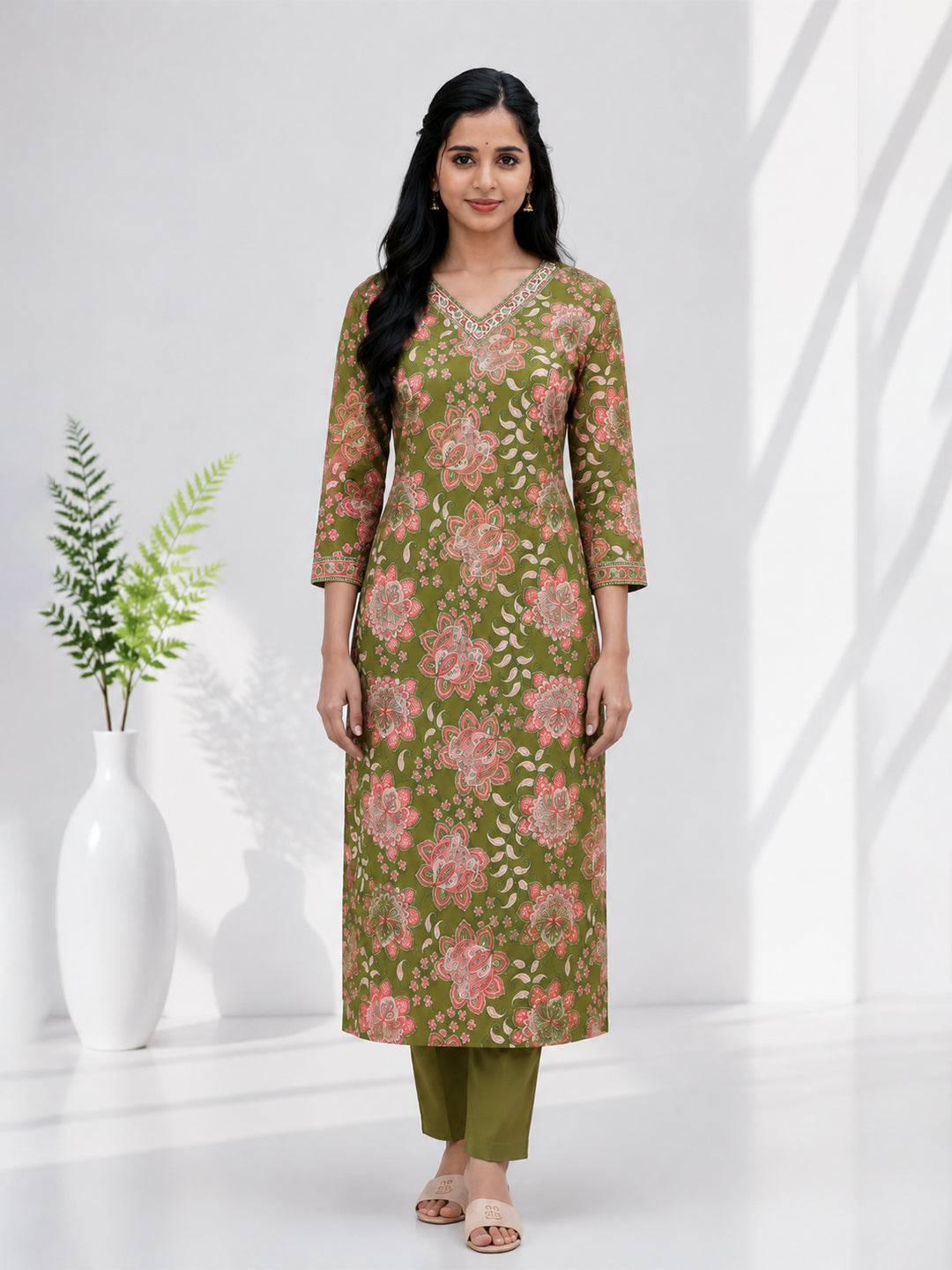 Women Embroidered Lime Green Kurti Set EKS144
