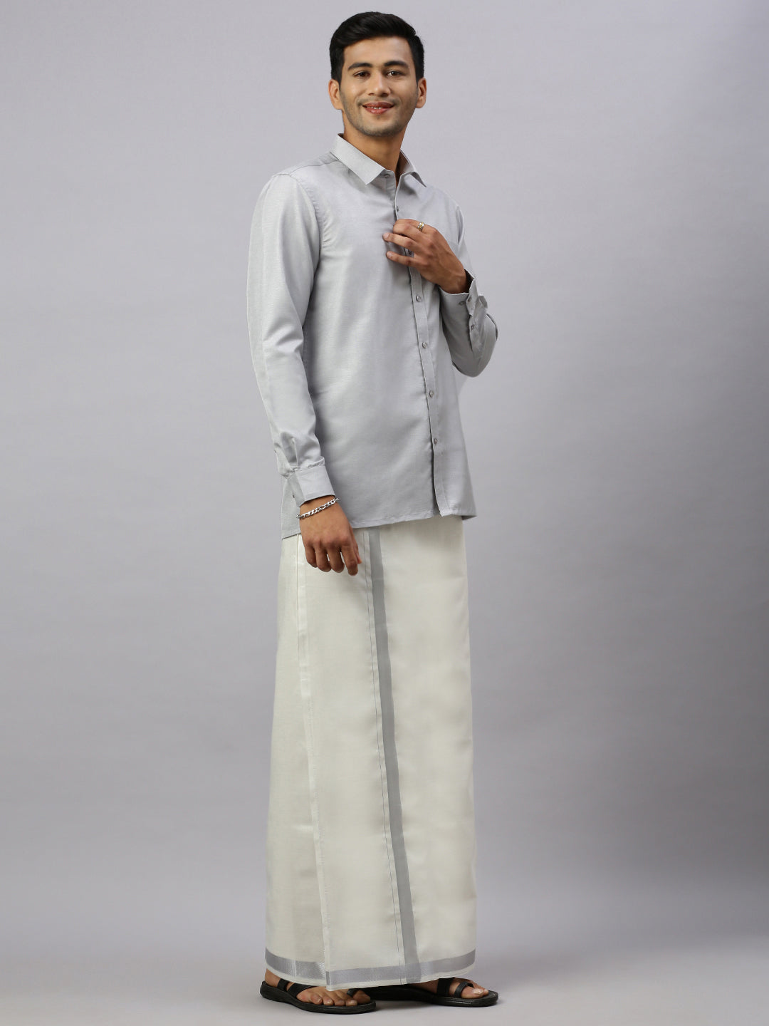 Mens Rich Cotton Silver Colour Full Sleeves Shirt with  Matching Jari Border Tissue Dhoti Set Glossy