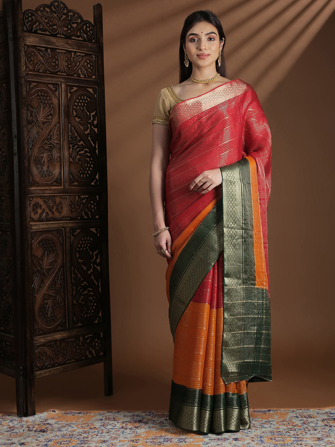 Women Semi Mysore Silk Saree Red with Orange SS396