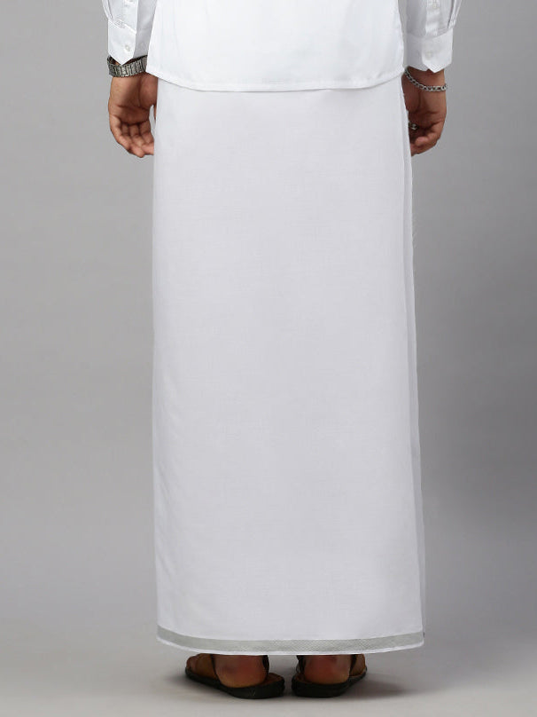 Men Cotton Blend Single Layer White Dhoti with 3/4" Silver Jari Border