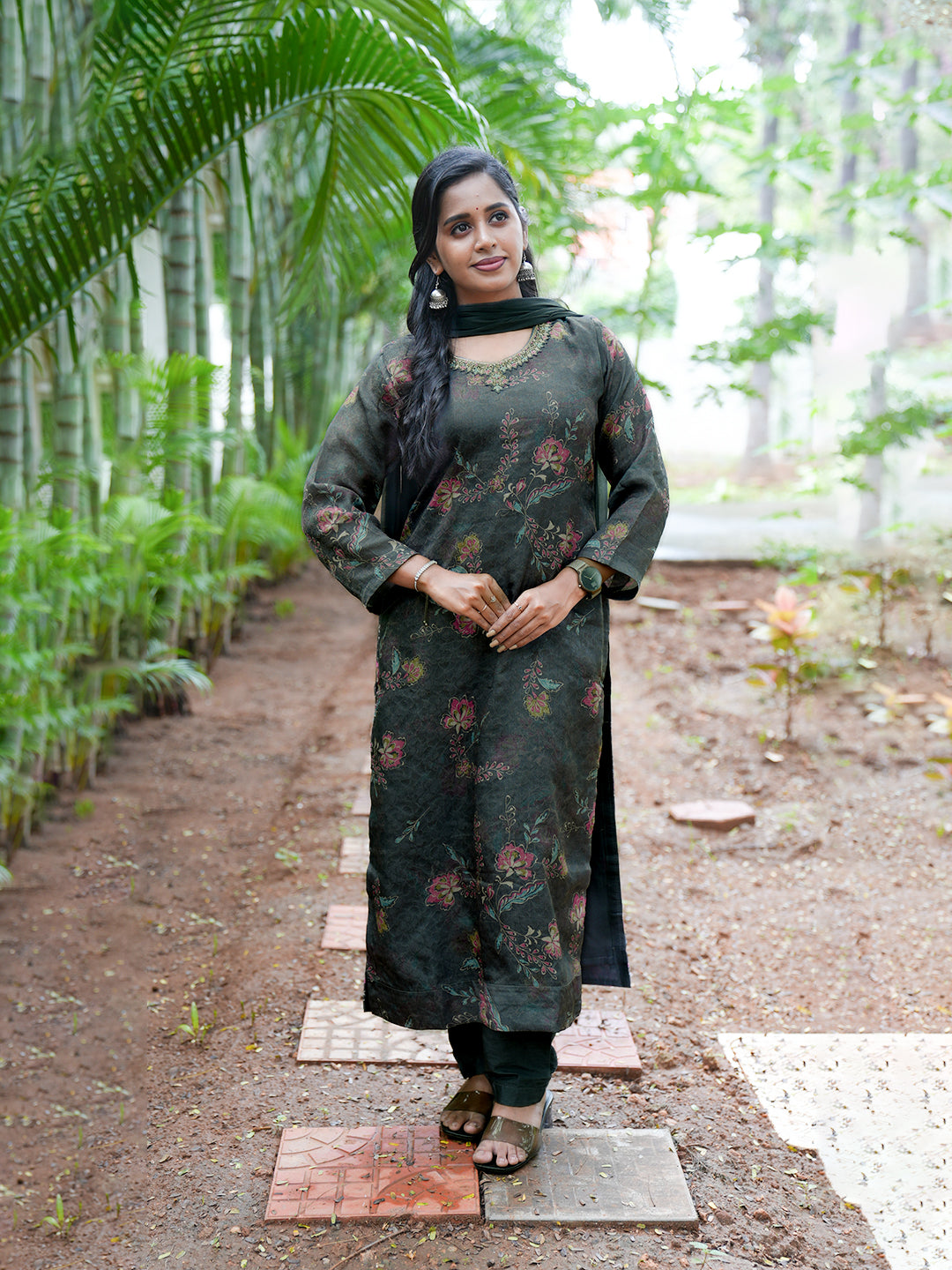 Women Greyish Green MM Silk Printed Kurti Set EKS129