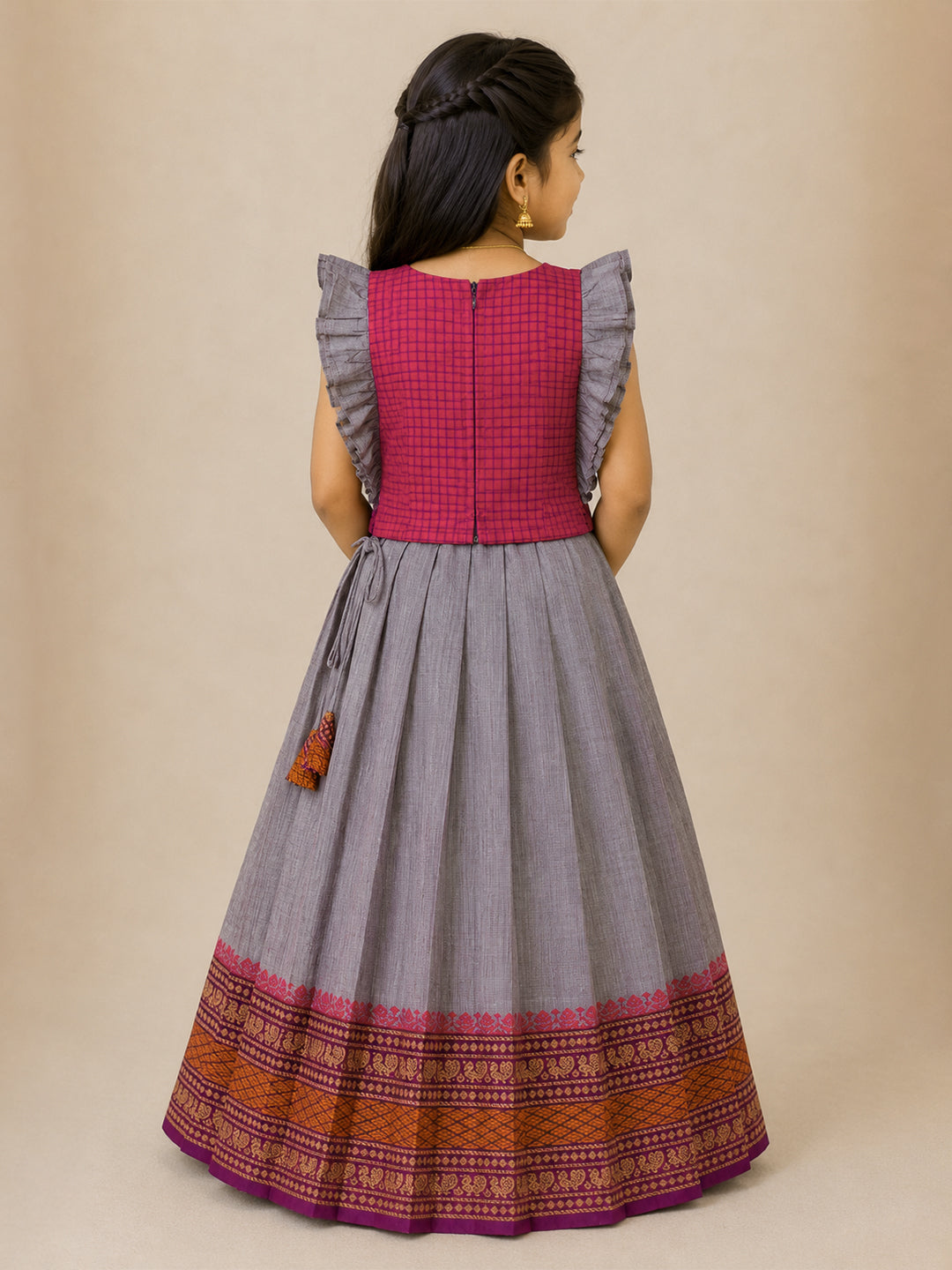 Girls Cotton Pink with Violet Pattu Pavadai Set GPS50