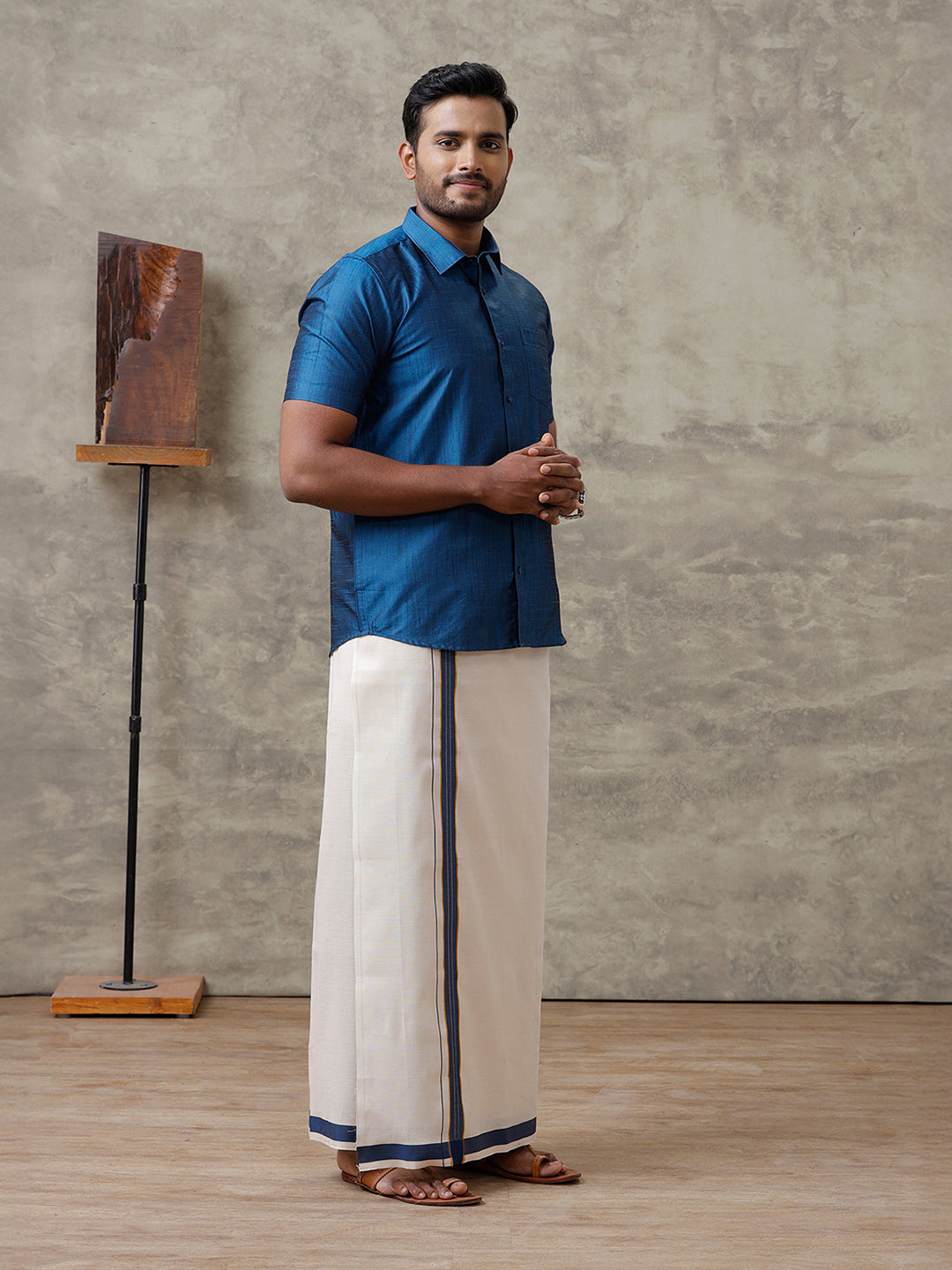 Men Cotton Blend Dark Blue Shirt and Tissue Dhoti Set VB9
