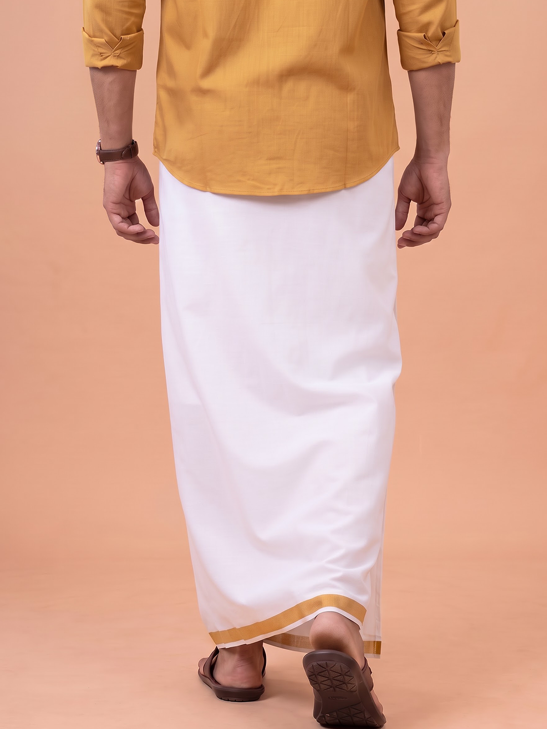 Single Layer 100% Cotton White Dhoti With 1 1/2 Inch Jacquard Gold Jari Border - GG05