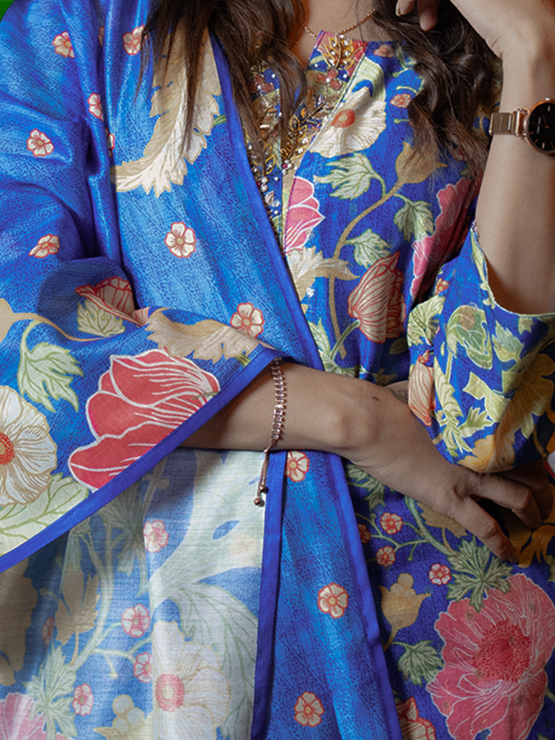 Women Blue Cotton Mix Weaving Printed Kurti Set EKS113