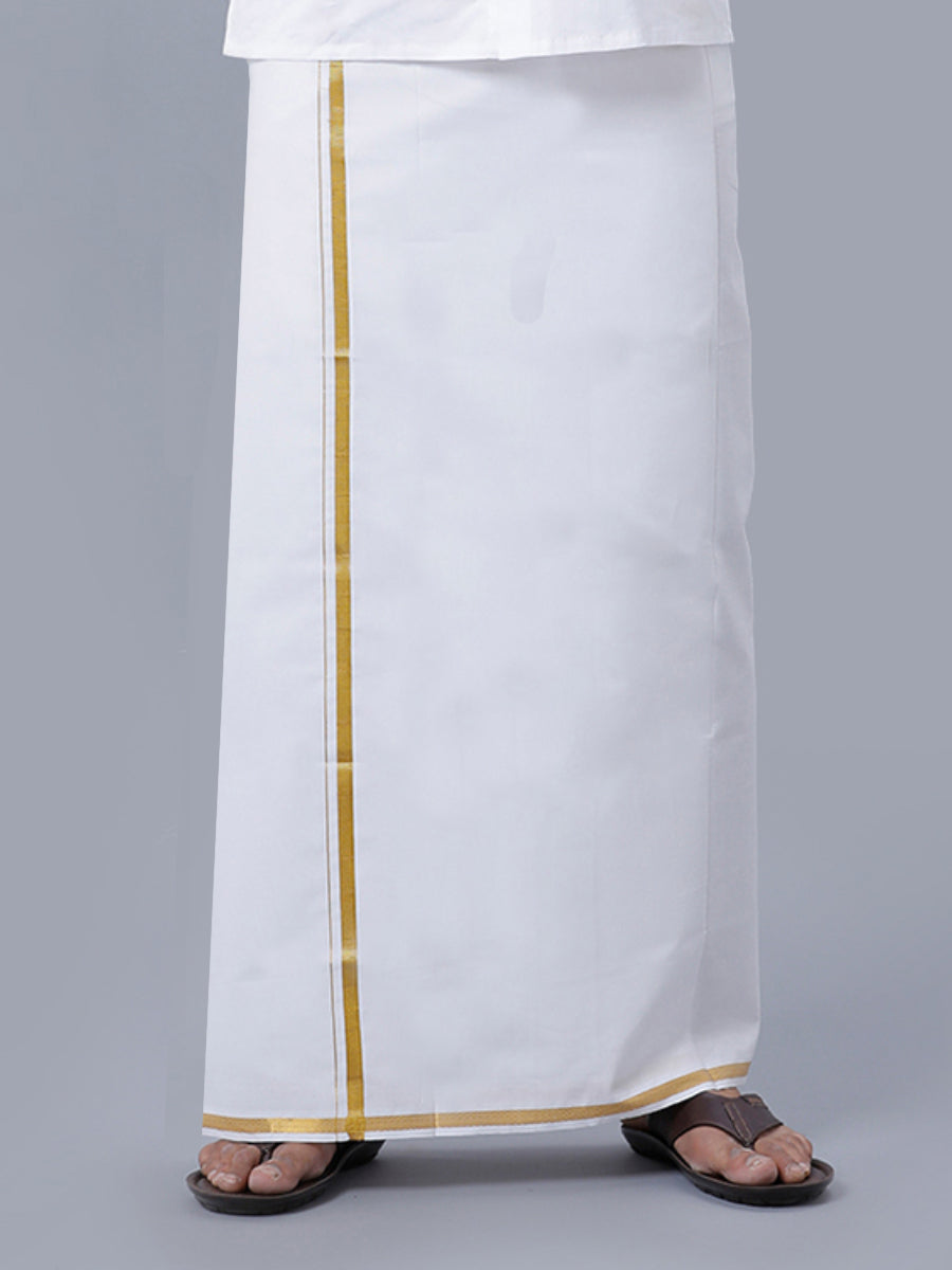 Men Cotton Blend Single Layer White Dhoti with 1/2" Gold Jari Border Silver Sun