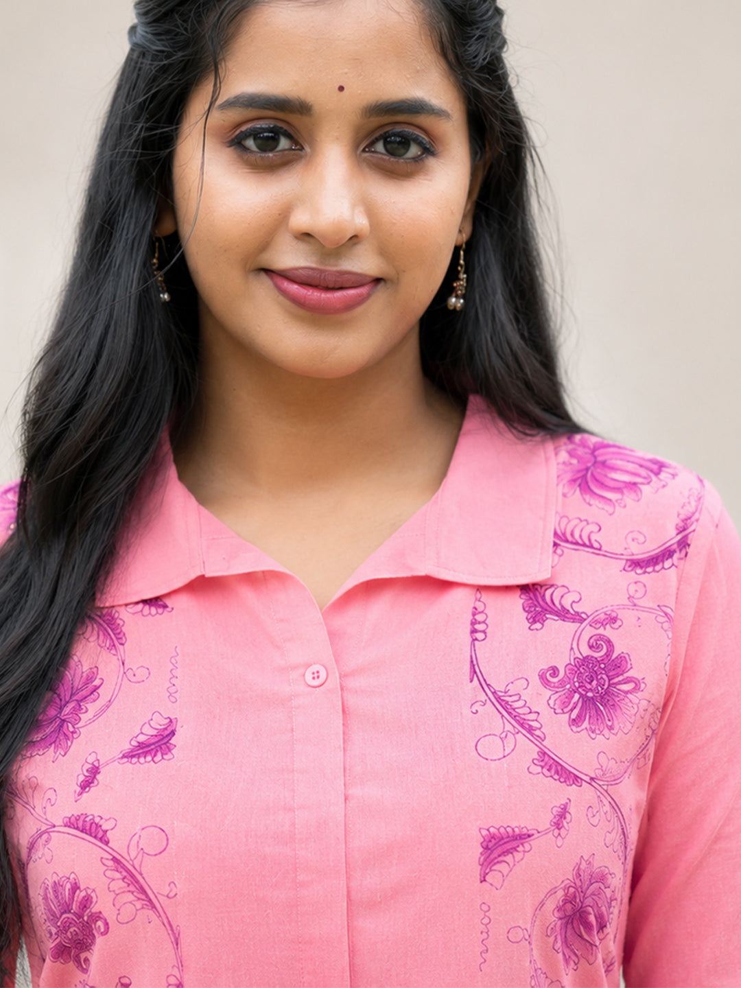 Women Cotton Printed Pink Kurti Set EKS134