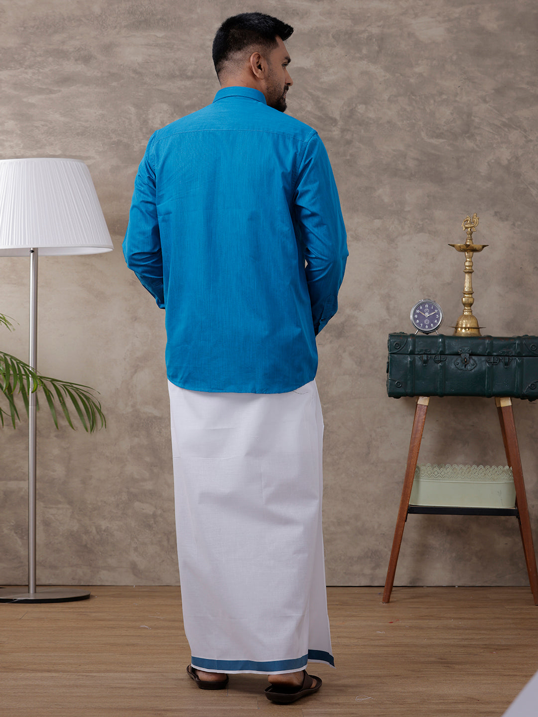 Men Blue Matching Border Dhoti & Full Sleeves Shirt Set Evolution IC4