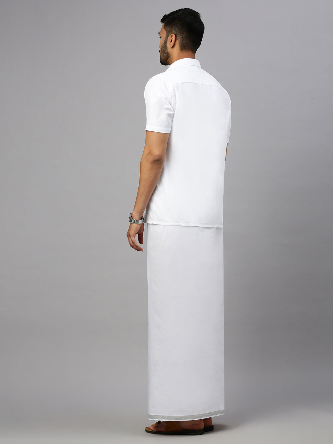 Men Cotton Blend Double Layer White Dhoti with Silver Jari Border Statesman