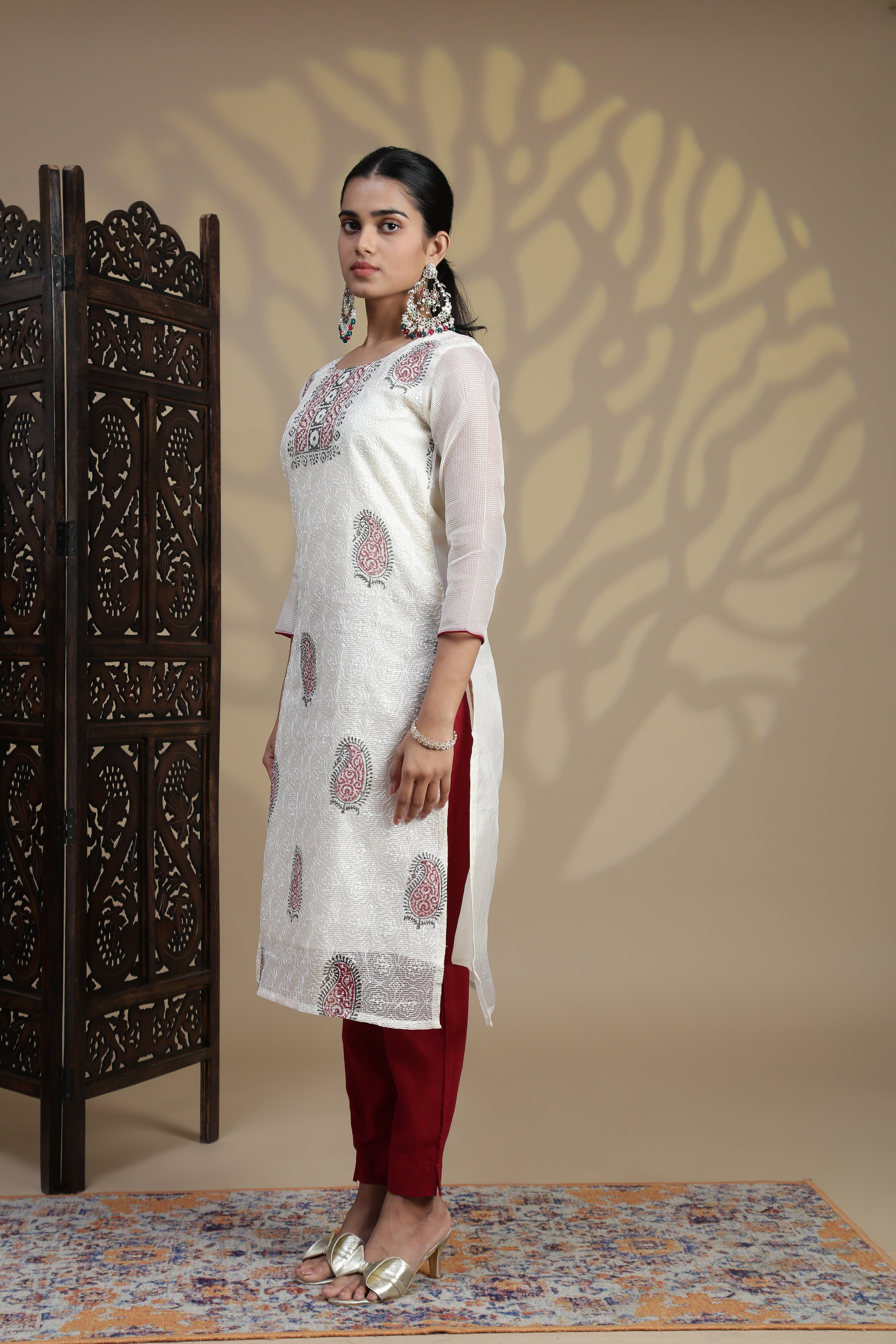 Women Cream MM Silk Printed Kurti Set EKS110