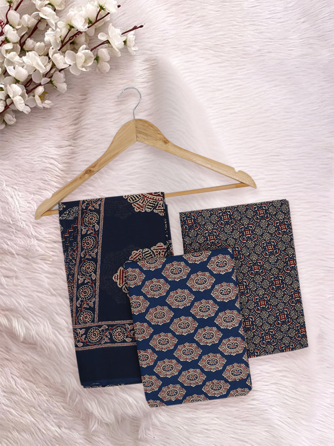 Women Pure Cotton Printed Dress Material Dark Blue DM348