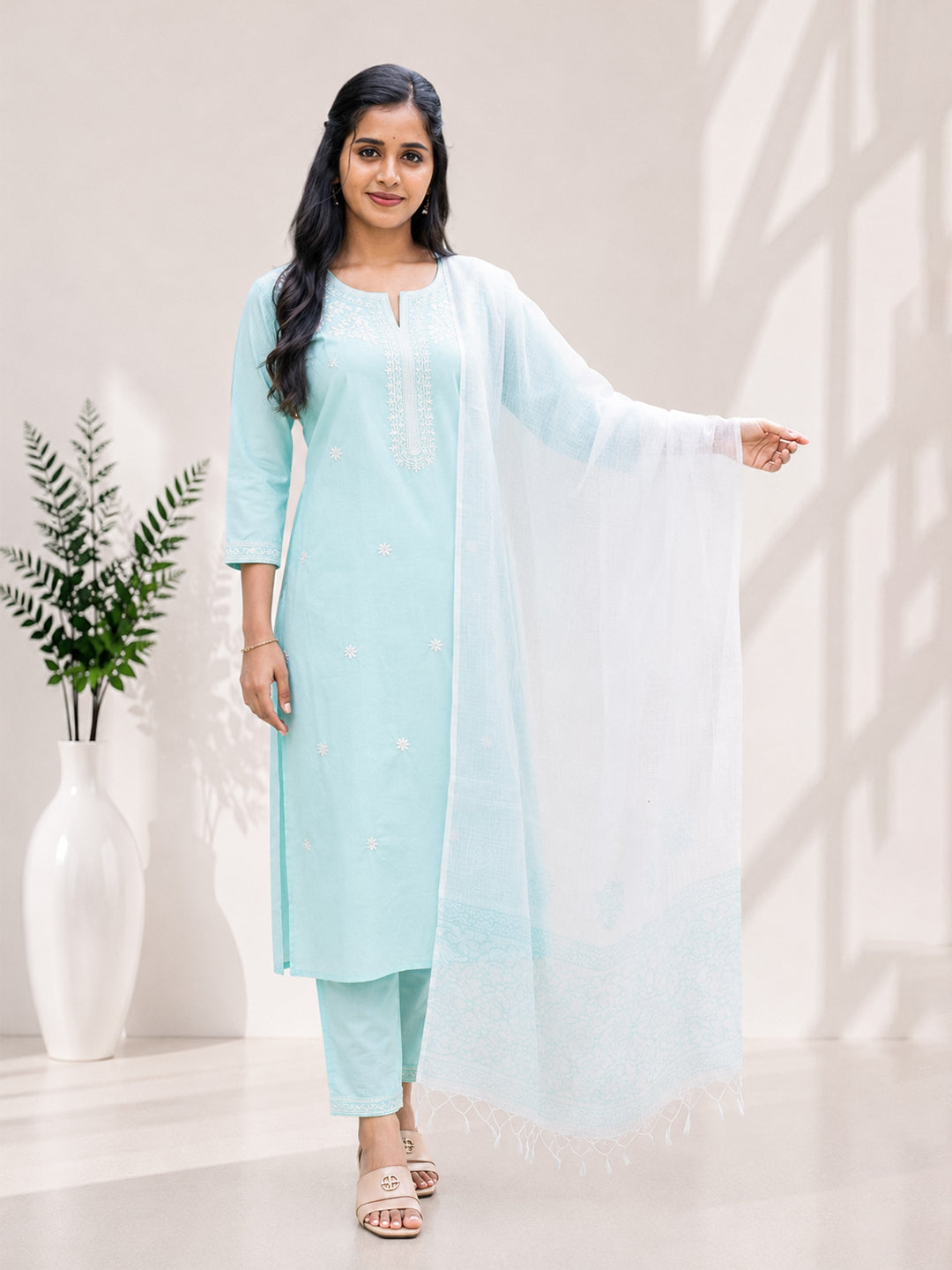 Women Cotton Embroidered Sky Blue Kurti Set EKS139