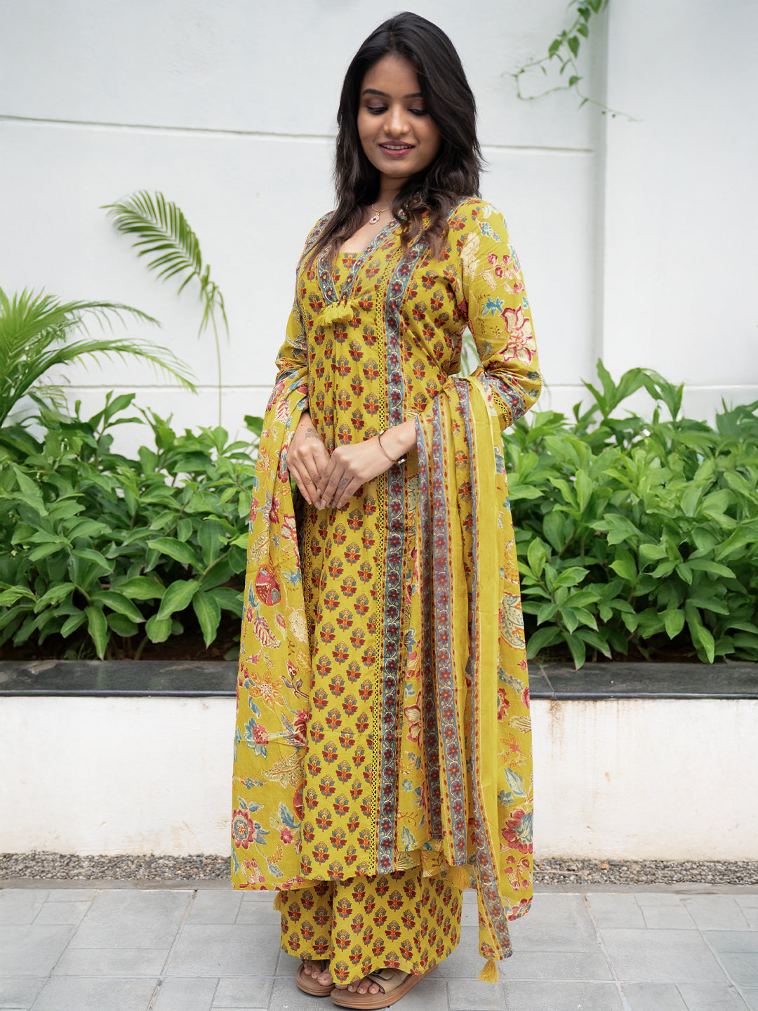 Women Pure Cotton Printed Mustard Kurti Set EKS97
