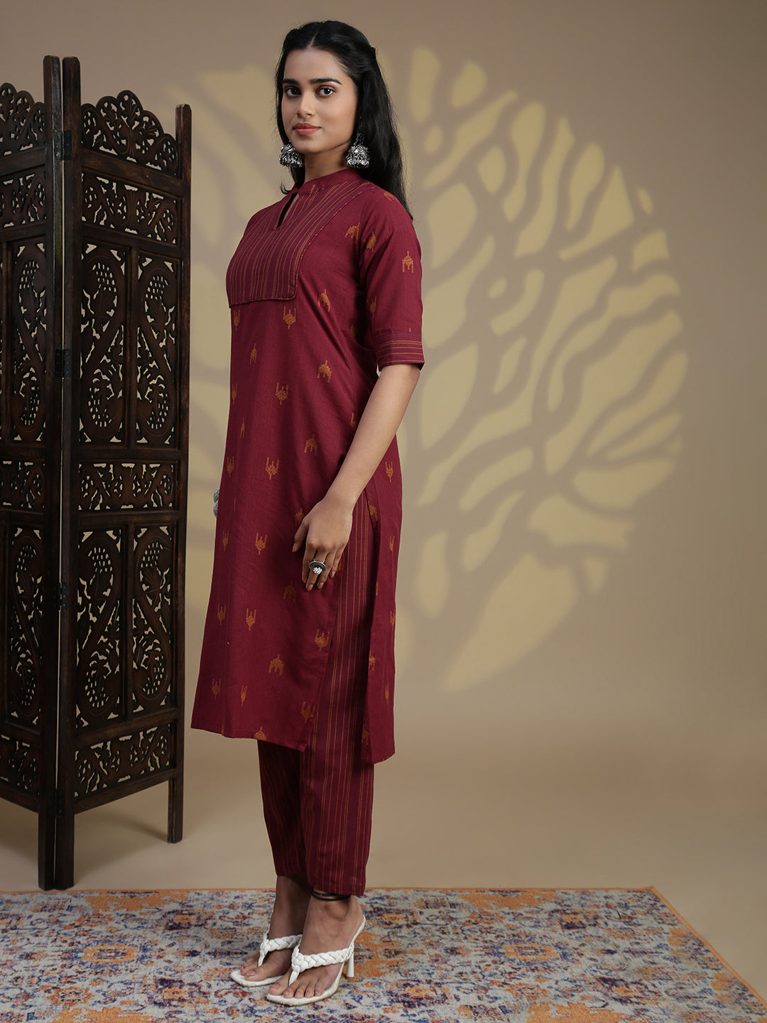 Women Cotton Maroon Stripes Design Kurti Set EKS95