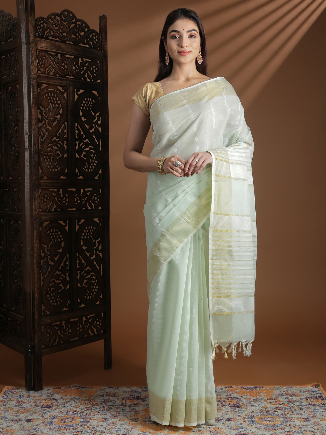 Women Pista Green Striped Cotton Jute Saree CJ13