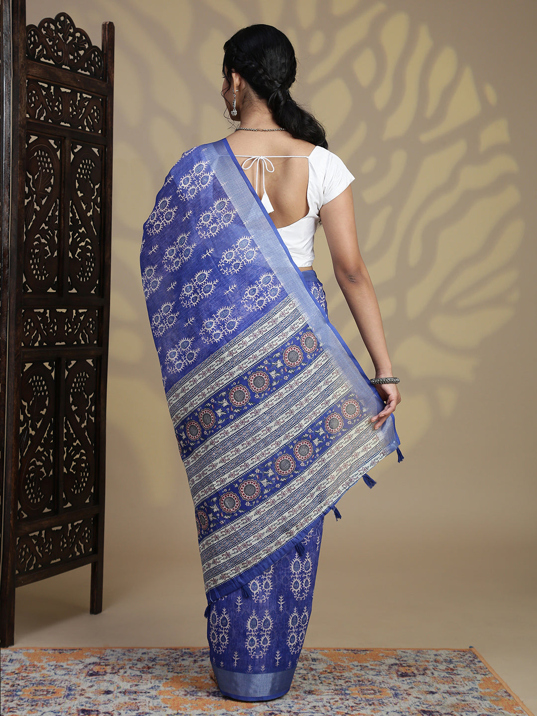 Women Dark Blue Semi Linen Saree SL233