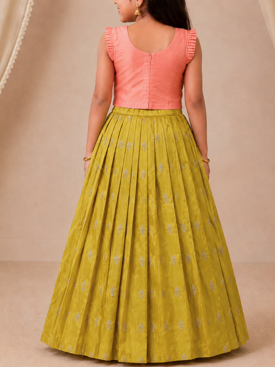 Girls Silk Cotton Peach Pattu Pavadai Set GPS40