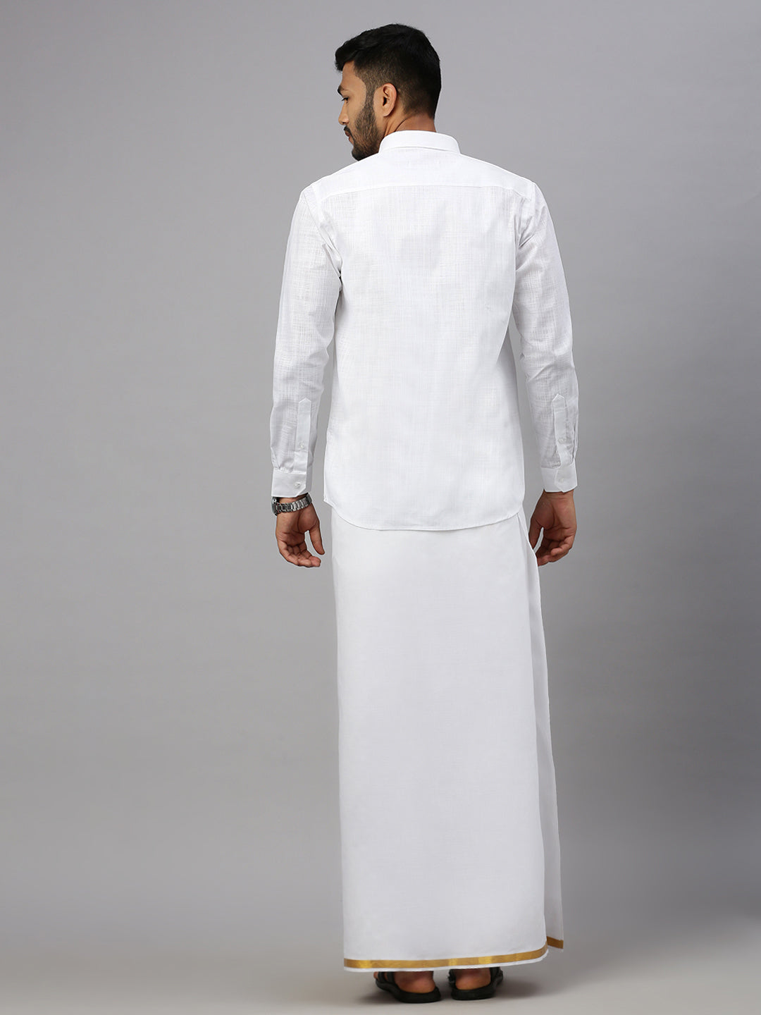Men Cotton Blend Readymade Double Layer White Dhoti with Gold Jari Border
