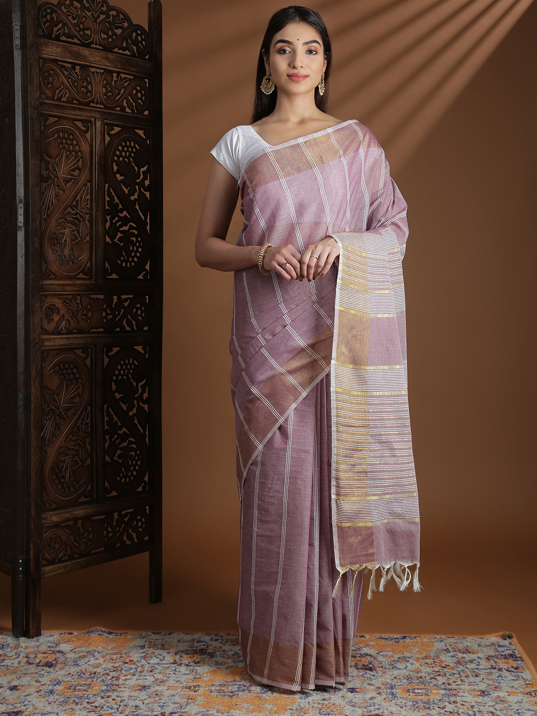 Women Purple Striped Cotton Jute Saree CJ10