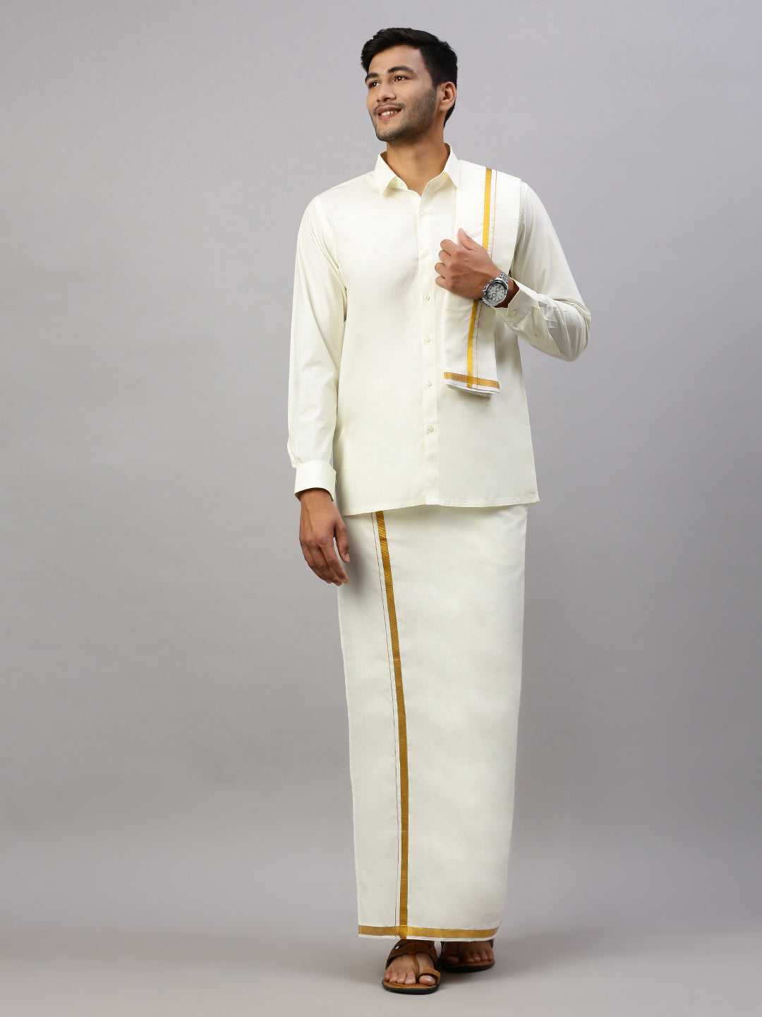 Men Full Sleeves Cream Shirt with 3/4" inch Gold Jari Border Single Layer Dhoti &Towel Combo