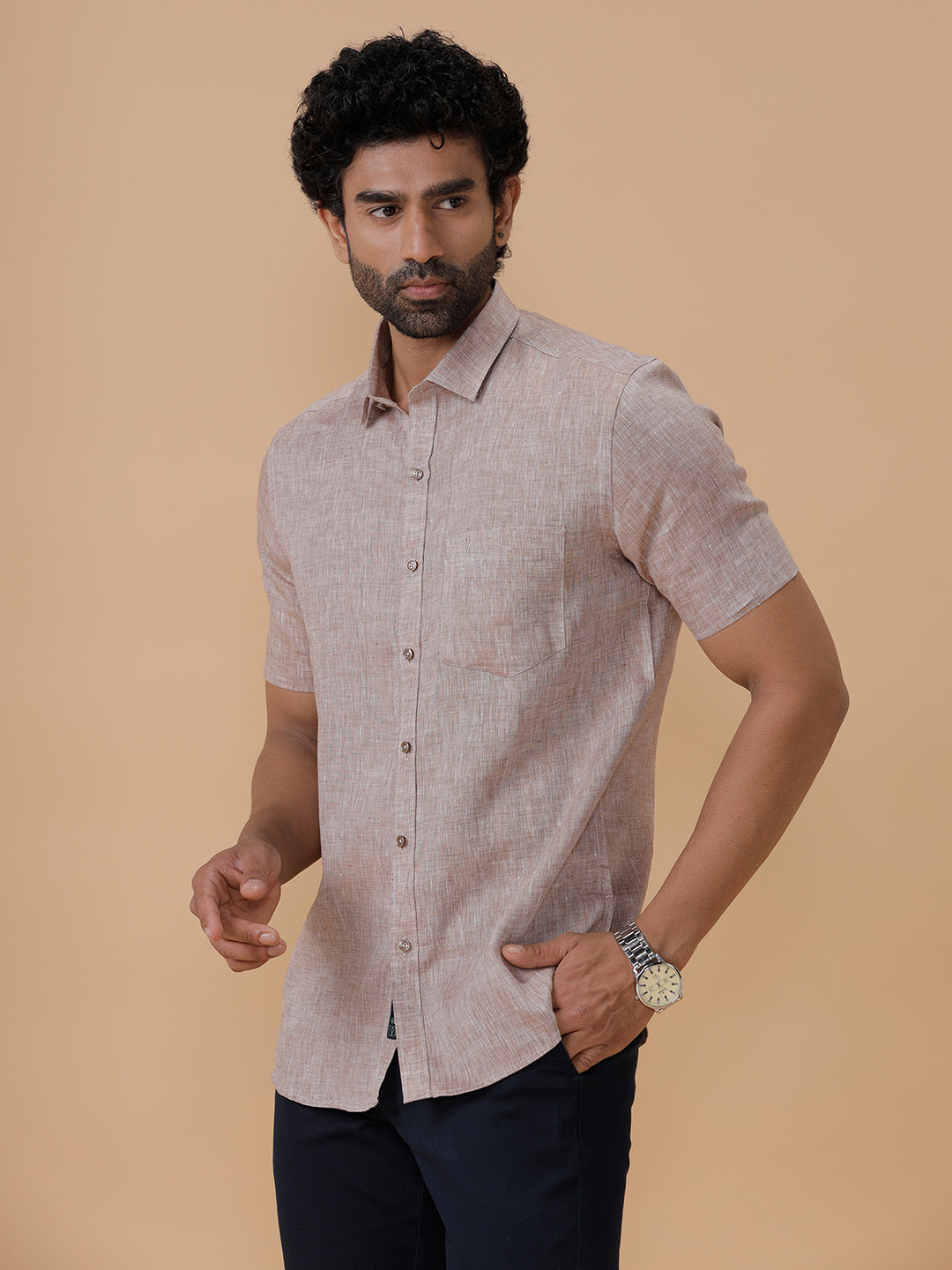 Men Pure Linen Woody Brown Shirt L49