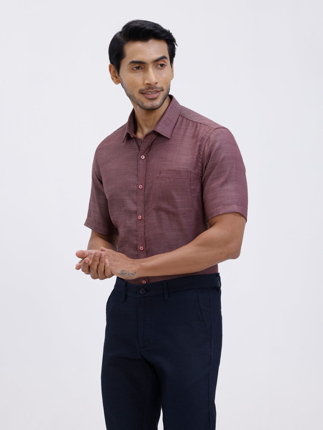 Men Cotton Rich Half Sleeve Shirt Maroon Red Dobby T59 AIT2