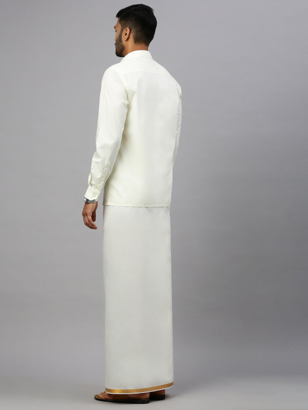 Men Cotton Blend Single Layer Cream Dhoti with 3/4" Gold Jari Border Silver Sun