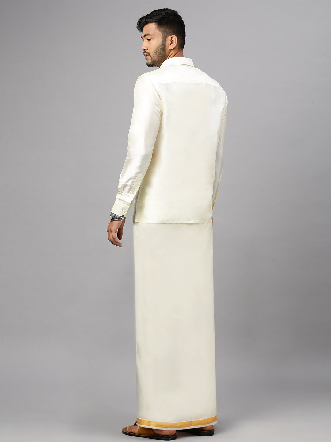 Men Art Silk Double Layer Cream Dhoti with Gold Jari Border Kara Yoga 50k