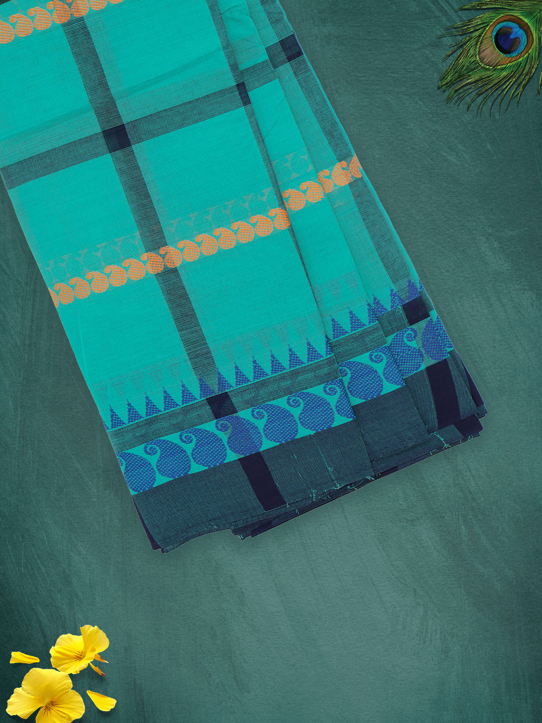 Women Teal Green Checks Pure Chettinad Cotton Saree PCS219