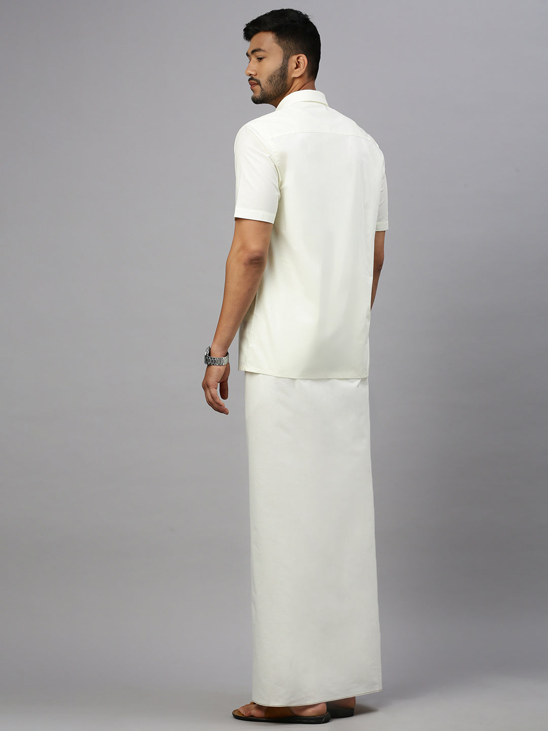 Men 100% Cotton Single Layer Cream Dhoti with Gold Jari Border Smart Nice